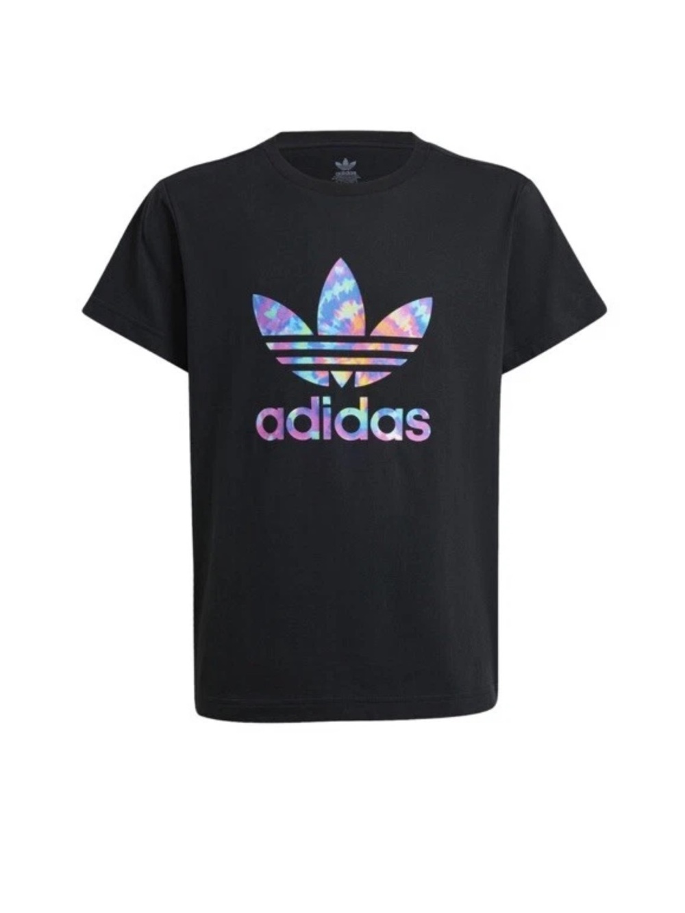 NWT adidas Originals Black Te-shirt with Iridescent Tie-Dye Trefoil Sz L $26